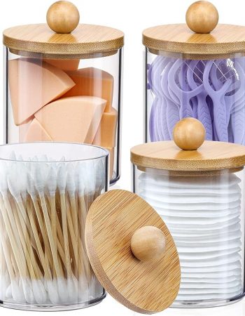 Dispensador Qtip Holder con tapas de bambú, paquete de 4 recipientes de plástico transparente